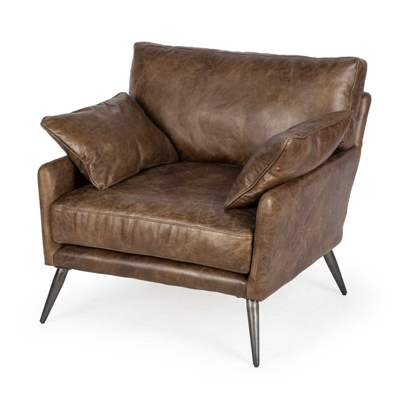 HomeRoots Espresso Brown Top-Grain Leather Wide Accent Chair With Wooden Frame And Iron Legs