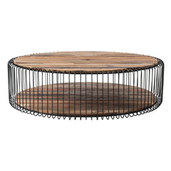 HomeRoots 51" Rustic Brown and Black Reclaimed Wood With Iron Round Coffee Table