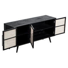 HomeRoots Rustic Black and Rattan Media Cabinet with Three Doors