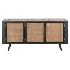 HomeRoots Rustic Black Natural and Rattan Media Cabinet with Three Doors