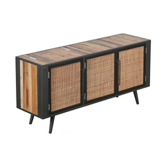 HomeRoots Rustic Black Natural and Rattan Media Cabinet with Three Doors