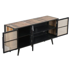 HomeRoots Rustic Black Natural and Rattan Media Cabinet with Three Doors