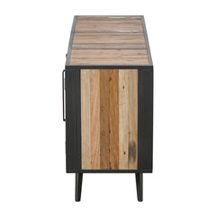 HomeRoots Rustic Black Natural and Rattan Media Cabinet with Three Doors