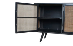 HomeRoots Rustic Black Natural and Rattan Media Cabinet with Three Doors