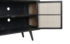 HomeRoots Rustic Black Natural and Rattan Media Cabinet with Three Doors