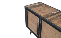 HomeRoots Rustic Black Natural and Rattan Media Cabinet with Three Doors