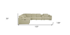 HomeRoots Beige Italian Leather Power Recline L Shape Eight Piece Corner Sectional With Console