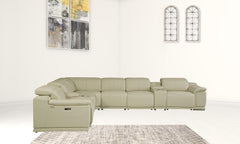 HomeRoots Beige Italian Leather Power Recline L Shape Eight Piece Corner Sectional With Console