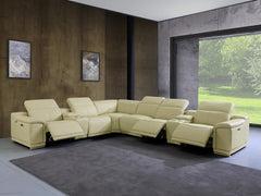 HomeRoots Beige Italian Leather Power Recline L Shape Eight Piece Corner Sectional With Console