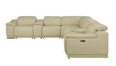 HomeRoots Beige Italian Leather Power Recline L Shape Eight Piece Corner Sectional With Console