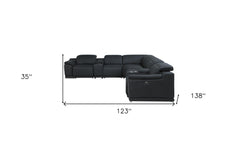 HomeRoots Black Italian Leather Power Recline L Shape Eight Piece Corner Sectional With Console