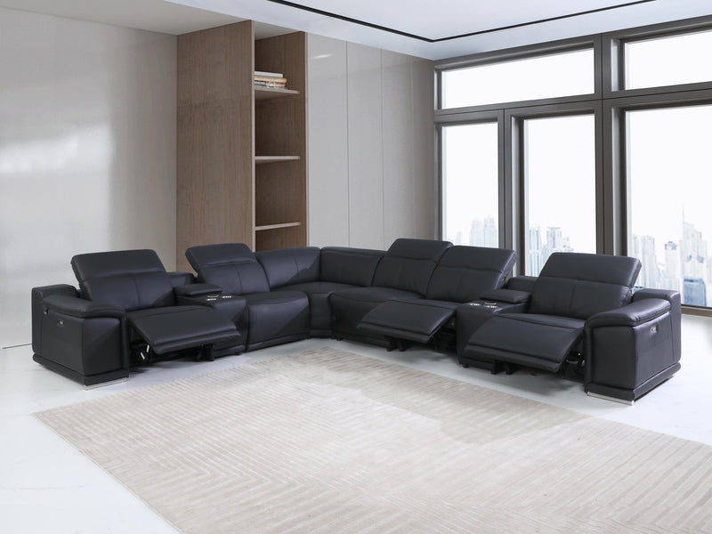 HomeRoots Black Italian Leather Power Recline L Shape Eight Piece Corner Sectional With Console