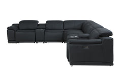 HomeRoots Black Italian Leather Power Recline L Shape Eight Piece Corner Sectional With Console