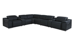 HomeRoots Black Italian Leather Power Recline L Shape Eight Piece Corner Sectional With Console