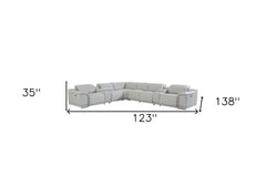 HomeRoots Light Gray Italian Leather Power Recline L Shape Eight Piece Corner Sectional With Console