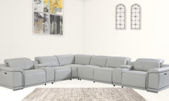 HomeRoots Light Gray Italian Leather Power Recline L Shape Eight Piece Corner Sectional With Console