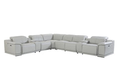 HomeRoots Light Gray Italian Leather Power Recline L Shape Eight Piece Corner Sectional With Console