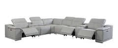 HomeRoots Light Gray Italian Leather Power Recline L Shape Eight Piece Corner Sectional With Console