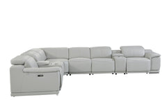 HomeRoots Light Gray Italian Leather Power Recline L Shape Eight Piece Corner Sectional With Console