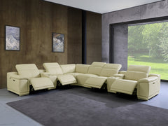 HomeRoots Beige/Black Italian Leather Power Recline L Shape Eight Piece Corner Sectional With Console