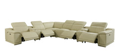 HomeRoots Beige/Black Italian Leather Power Recline L Shape Eight Piece Corner Sectional With Console