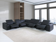 HomeRoots Beige/Black Italian Leather Power Recline L Shape Eight Piece Corner Sectional With Console