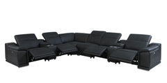 HomeRoots Beige/Black Italian Leather Power Recline L Shape Eight Piece Corner Sectional With Console