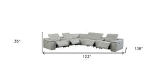 HomeRoots Light Gray Italian Leather Power Recline L Shape Eight Piece Corner Sectional With Console