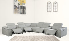 HomeRoots Light Gray Italian Leather Power Recline L Shape Eight Piece Corner Sectional With Console