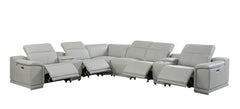 HomeRoots Light Gray Italian Leather Power Recline L Shape Eight Piece Corner Sectional With Console