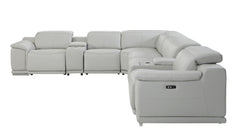 HomeRoots Light Gray Italian Leather Power Recline L Shape Eight Piece Corner Sectional With Console