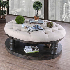 Furniture of America Cintra Rustic Tufted Cushion Top Coffee Table in Antique Oak/Gray